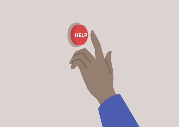 Vector illustration of A hand pushing a red help button, assistance and support concept