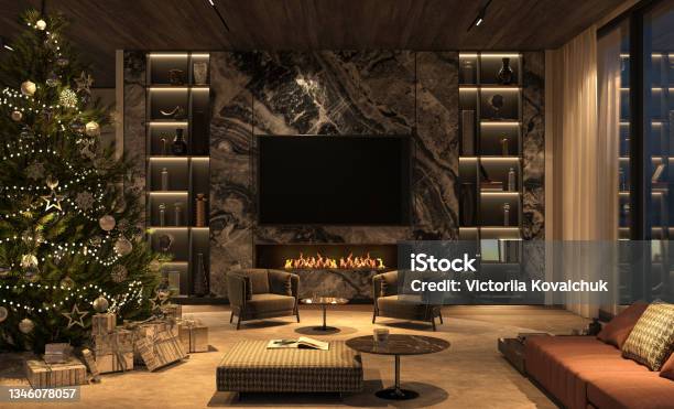 Christmas Tree And Luxury Interior Design Living Room With Night Lighting Fireplace Marble Tv Wall Wooden Ceiling 3d Render Illustration Stock Photo - Download Image Now