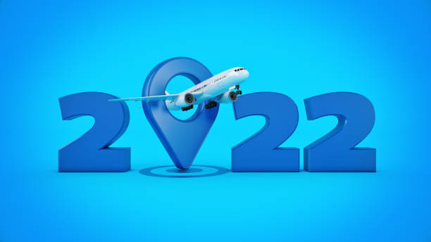 istock Airline travel concept. Airport pointer. 2022 New Year sign. 3d rendering 1346078113