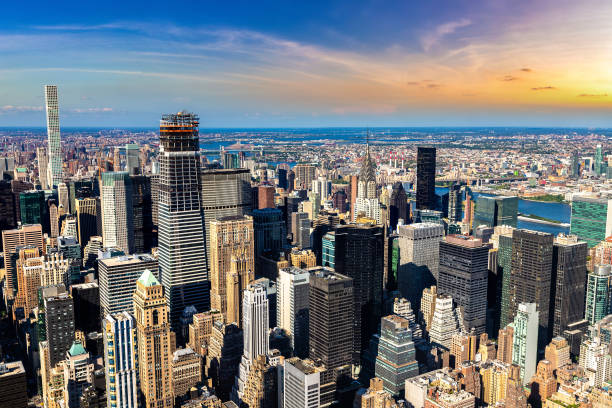 istock Aerial view of Manhattan at sunset 1346078290
