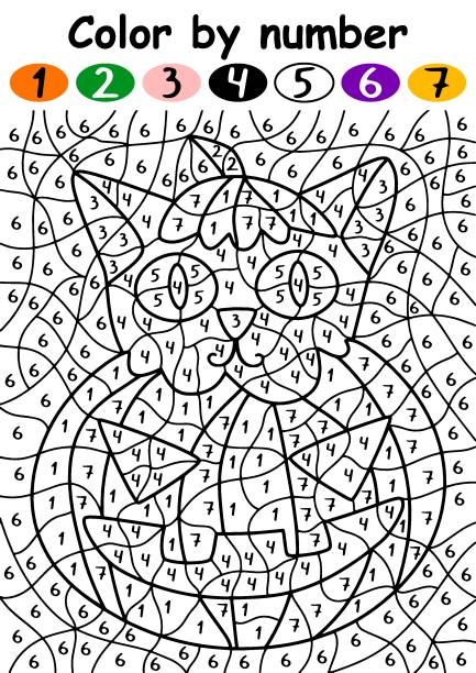 süße katze in halloween kürbis farbe nach zahl vektor illustration - coloring book coloring book pets stock-grafiken, -clipart, -cartoons und -symbole