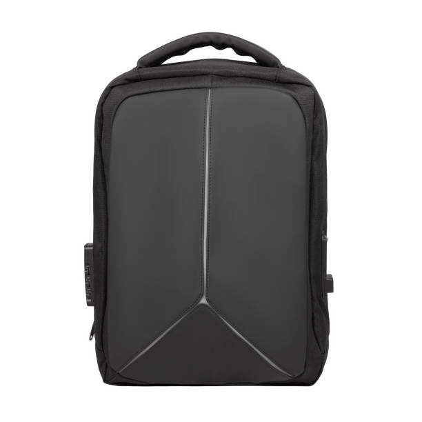 Black backpack on white background stock photo