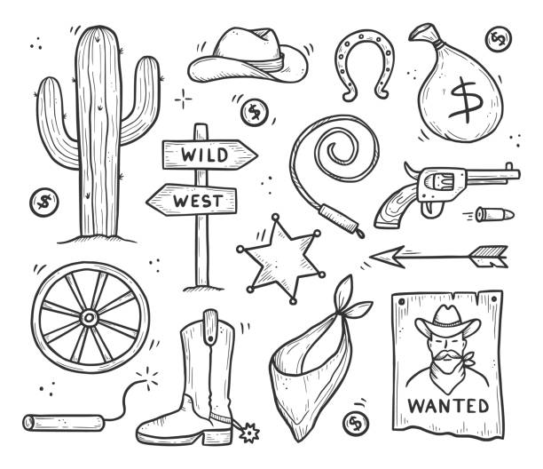 Cowboy western doodle set. Hand drawn Cowboy western doodle set. Hand drawn sketch line style. Cowboy hat, cow skull, gun, cactus element. Wild west vector illustration. officer boots stock illustrations