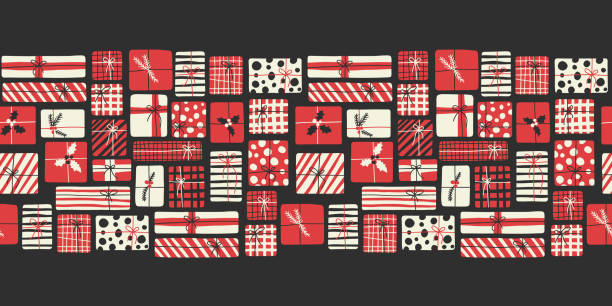 복고풍 70 년대 기발한 크리스마스 손으로 그린 선물 상자 벡터 원활한 패턴 테두리 - 크리스마스 포장지 일러스트 stock illustrations