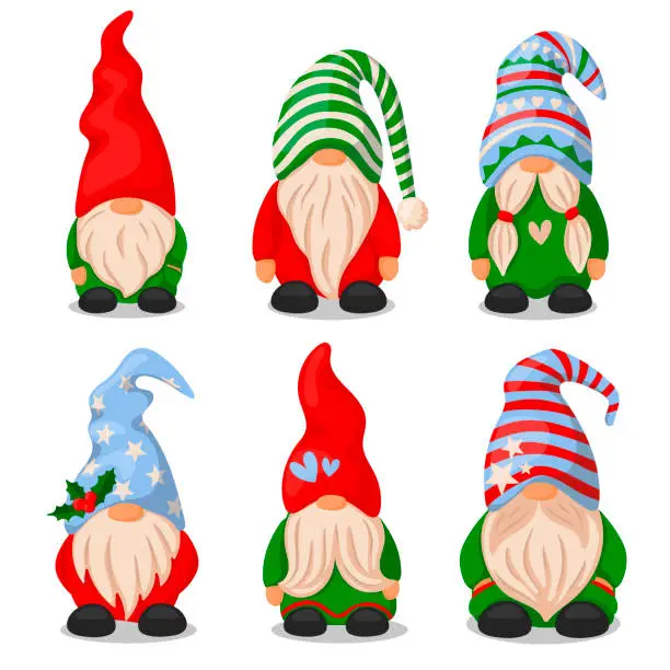 Vector illustration of set of cute christmas santa gnome elf illustration in cartoon style