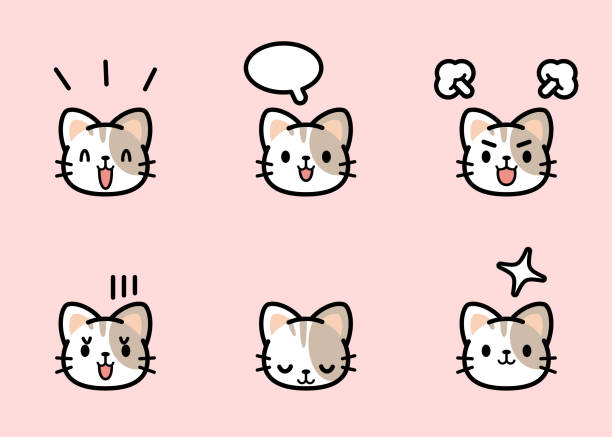 ilustrações de stock, clip art, desenhos animados e ícones de sweet little cat icon set with six facial expressions in color pastel tones - gato