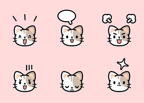 Sweet Little Cat Icon Set With Six Facial Expressions In Color
