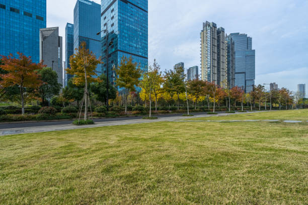 istock beautiful green meadow near modern office building 1346085438