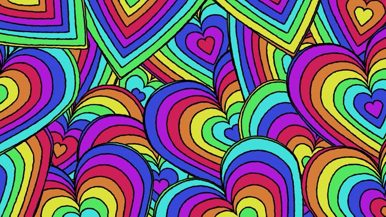 Background of animated hearts with the colors of the rainbow