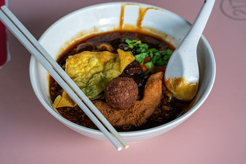 Lor mee with meat ball, hawker food in Singapore. Selective focus