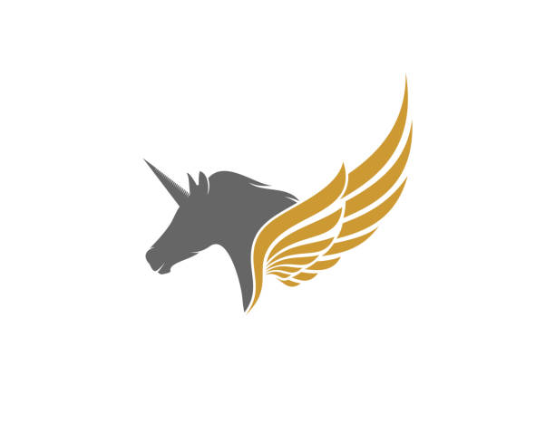 Unicorn head with golden spread wings illustration Unicorn head with golden spread wings illustration unicorn logo stock illustrations