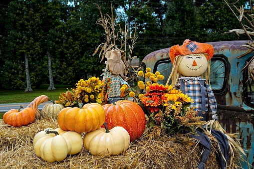 Boy Scarecrow, pumpkins, sunflowers on bales of hay for a hayride on the bed of an old rustic antique truck in Tennessee, USA.  Autumn decoration. Halloween. Harvest Festival. Thanksgiving.