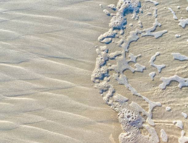 Sea Foam on Beach Sand Horizontal high angle view close up of salt water sea foam ocean waves breaking on beach sand creating natural abstract pattern design spume stock pictures, royalty-free photos & images