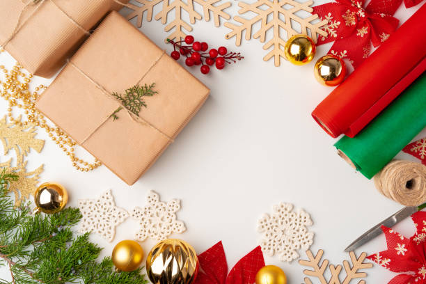istock Accessories for Christmas gifts decorating on white background, top view, copy space 1346092427