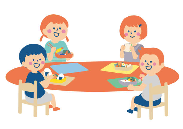 stockillustraties, clipart, cartoons en iconen met illustration of children eating lunch - jongen peuter eten