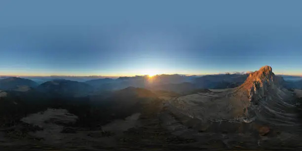 Aerial view of the valley and Mount Peitlerkofel during dawn. Dolomites in South Tyrol.