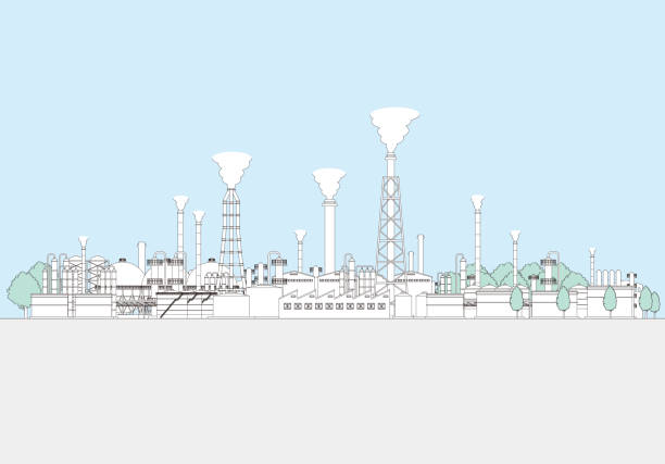 공장 영역의 선 드로잉 벡터 그림입니다. - stockyards industrial park stock illustrations