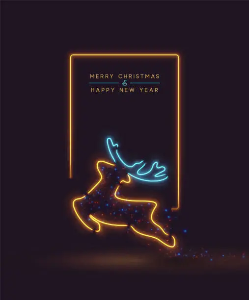 Vector illustration of Merry Christmas and Happy New Year. Background Reindeer Effect Neon light garlands. Holiday pattern Xmas deer. Banner and poster. Vector illustration.