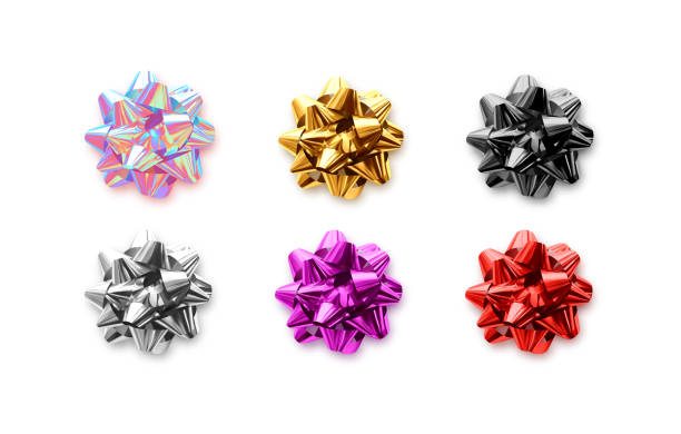 ilustrações de stock, clip art, desenhos animados e ícones de bows multi-colored fluffy. set of realistic holiday gifts bow, 3d festive celebrate objects. new year, christmas, decorative elements for birthday. xmas decor for gifts. vector illustration - birthday present christmas pink white background