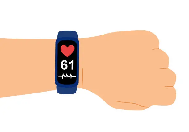 Vector illustration of Smartwatch or fitness tracker activity band on wrist counting the distance run and steps in flat design on white background.