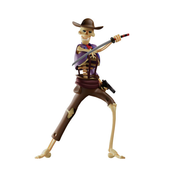 istock 3D Skull Cowboy Cartoon has gun and sword 1346101828