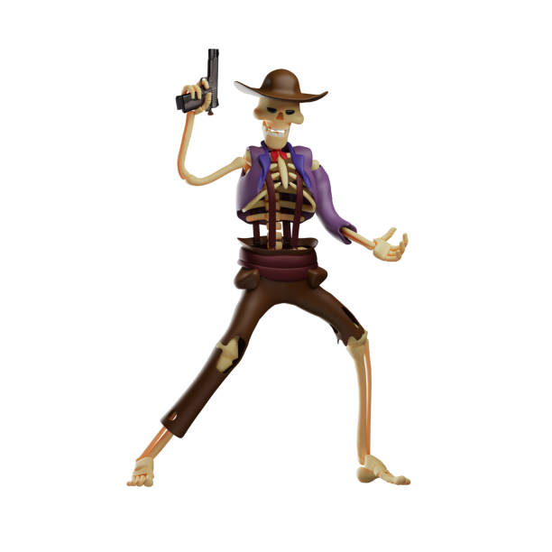 A ruthless 3D Skull Cowboy shoot a gun in the air