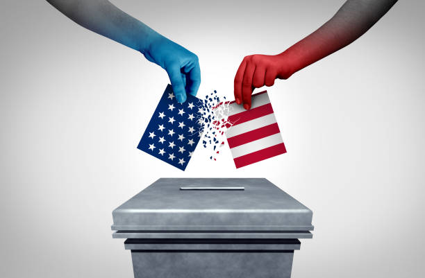 American Politics Fight American politics fight and USA election or United States vote conflict between the left and right or conservatives and liberals at a polling station in a democracy war  of ideology with 3D illustration elements. midterm election stock pictures, royalty-free photos & images