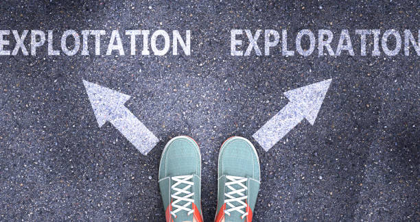 istock Exploitation and exploration as different choices in life - pictured as words Exploitation, exploration on a road to symbolize making decision and picking either one as an option, 3d illustration 1346105811