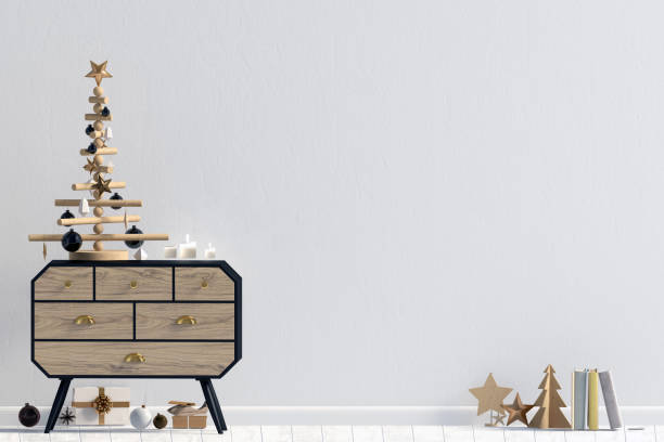 istock Modern Christmas interior with credenza, Scandinavian style. Wall mock up. 3D illustration 1346107751