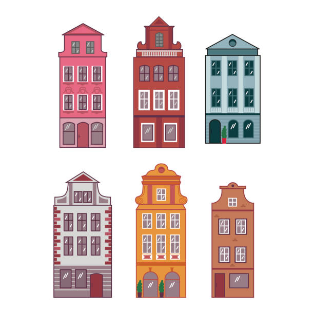 Multicolored houses in the style of Amsterdam, Prague. Vector set - European old town. European architecture. Stylized facades of old buildings. Multicolored houses in the style of Amsterdam, Prague. Vector set - European old town. European architecture. Stylized facades of old buildings. caricature portrait board stock illustrations