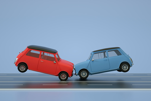 Car sharing concept. Nerd Larry with smart car. 3d illustration.