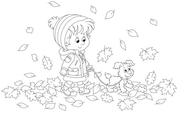 ilustraciones, imágenes clip art, dibujos animados e iconos de stock de niña caminando con un cachorro en hojas de otoño - niña y niño libro para colorear