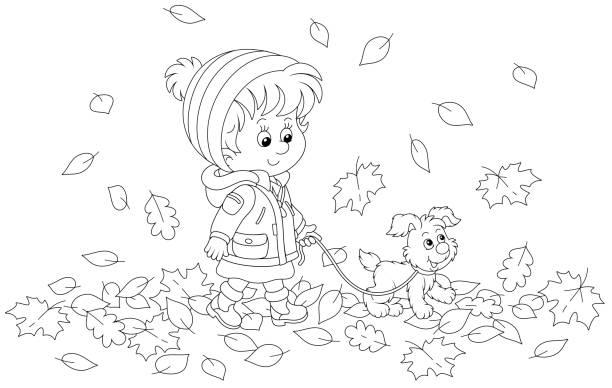 Girl walking with a puppy on autumn leaves Cute little child and a merry pup strolling among foliage of a fall park, black and white outline vector cartoon illustration for a coloring book page autumn coloring pages stock illustrations