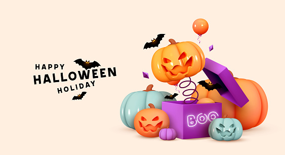 Halloween Holiday Design. Scary pumpkin head jumps out. Open gifts boxes. Realistic 3d pumpkin with scary smiles on his face. Web Banner, Party poster, advertising brochure, flyer. Vector illustration