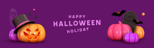 istock Happy Halloween. Horizontal banner for website and social networks. Realistic 3d pumpkins in hat, emotions on his face scary smile. Creative poster, party flyer design, brochure. Vector illustration 1346111665