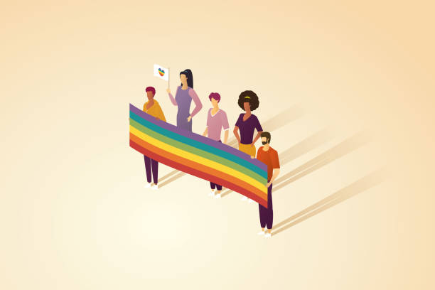 группа людей с большими радужными знаменами и флагами радужного сердца. - lesbian gay man rainbow multi colored stock illustrations