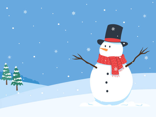 winterweihnachtslandschaft mit schneemännern und schneefall - schneemann stock-grafiken, -clipart, -cartoons und -symbole