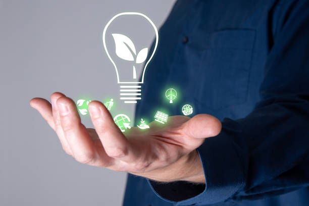 istock Business people holding energy-saving lamps. The work includes environmentally friendly energy source icons. 1346113543