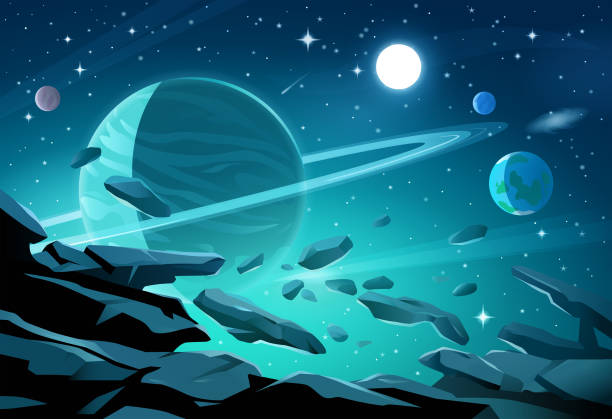 ilustrações de stock, clip art, desenhos animados e ícones de asteroids and gas giant - copy space