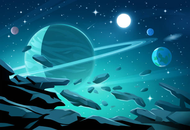 Asteroids And Gas Giant Vector illustration of a colorful space scene with planets, astroids, stars, nebulas and comets. Concept and background related to space, space exploration and observation and astronomy. nebula illustrations stock illustrations