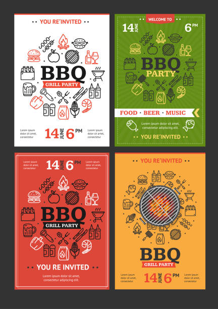 Bbq Grill Party Invitation Flyer Brochure Set. Vector Bbq Grill Party Invitation Flyer Brochure Template Set with Thin Line Icon. Vector illustration of Barbecue Pamphlet Design company picnic poster stock illustrations