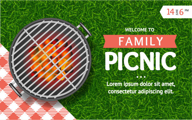 realistische detaillierte 3d grill und familie picknick anzeigen banner konzept poster karte. vektor - picknick stock-grafiken, -clipart, -cartoons und -symbole