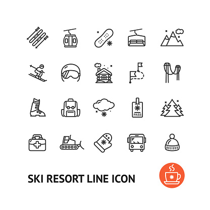 Ski Resort Sign Black Thin Line Icon Set Include of Goggles, Cableway and House. Vector illustration of Icons