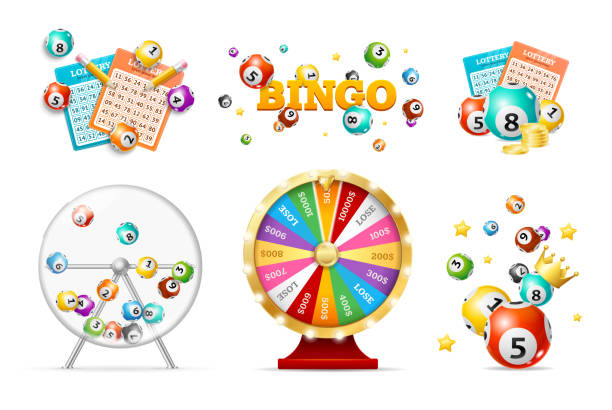 illustrazioni stock, clip art, cartoni animati e icone di tendenza di realistico 3d dettagliato casino fortune wheel e lottery set. vettore - tombola