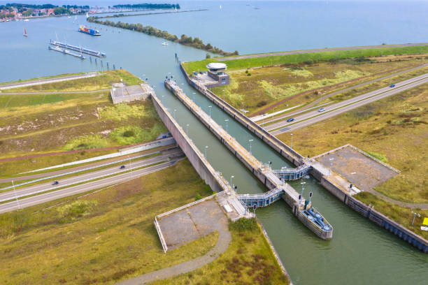 Drone photography of the Krabbersgat naviduct in Enkhuizen, Netherlands, between the Markermeer and the IJsselmeer. A naviduct is a combination of an aqueduct and a sluice or sluice. The naviduct is located in Enkhuizen in the Houtribdijk and connects the IJsselmeer with the Markermeer. It is an aqueduct with water-containing sluices in the watercourse. The motorway is led under the lock, which in the new situation is a lock and an aqueduct at the same time. enkhuizen stock pictures, royalty-free photos & images