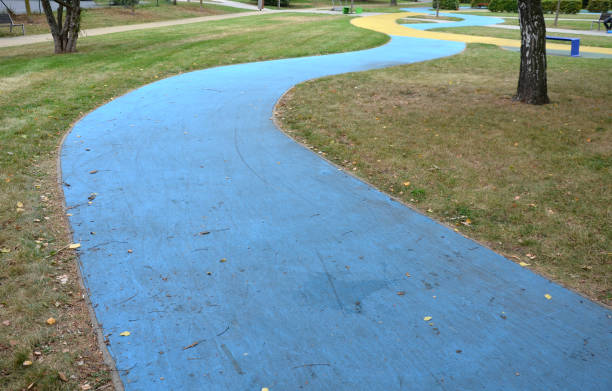 Skateboard, skating park for roller skating with a concrete cement surface painted blue and yellow. turns and training waves with obstacles. Freestyle cycling, children Protective clothing, betulus, carpinus, trail
