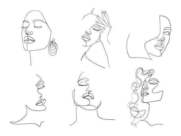 набор из шести портретов. простая, минималистская векторная иллюстрация лица красивой женщины. рисование линий. - women human face sensuality human eye stock illustrations