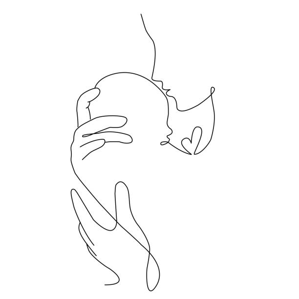 vektor niedliche einzeilde kunstillustration von familienportret. lineart mutter hält ein neugeborenes baby im lineart stil mit herz - baby stock-grafiken, -clipart, -cartoons und -symbole