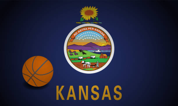 Kansas US flag with basketball ball, vector Kansas flag with realistic basketball ball, vector kansas basketball stock illustrations
