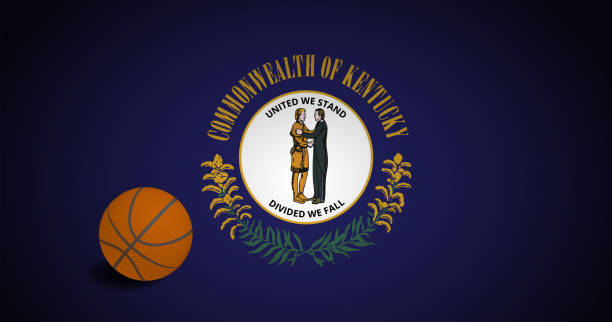 Kentucky US flag with basketball ball, vector Kentucky flag with realistic basketball ball, vector kentucky basketball stock illustrations